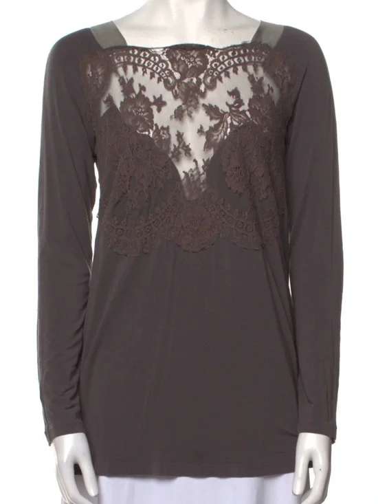La Perla Long-Sleeve Lace Yoke Top - Dark Brown - Picture 1 of 3